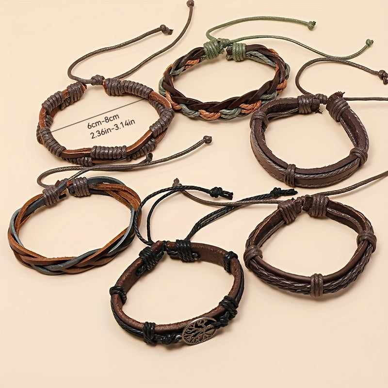 Men's Leather Bracelet Set - 6 Piece Tree of Life Braided Bracelets for Men | Retro Boho Style