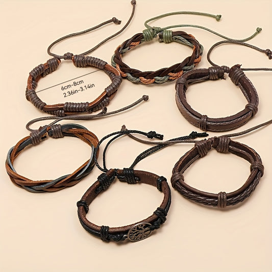 Men's Leather Bracelet Set - 6 Piece Tree of Life Braided Bracelets for Men | Retro Boho Style