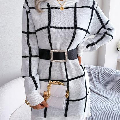 Premium Color Block Plaid Sweater Dress - Women's Long Sleeve Casual Bodycon Dress