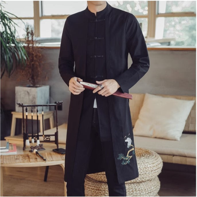 Chinese Style Men's Mid-length Cotton Linen Trench Coat Jacket Embroidered Coat