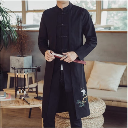 Chinese Style Men's Mid-length Cotton Linen Trench Coat Jacket Embroidered Coat