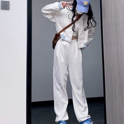 Collegiate-style Loose-fitting Cropped Baseball Jacket With Embroidery