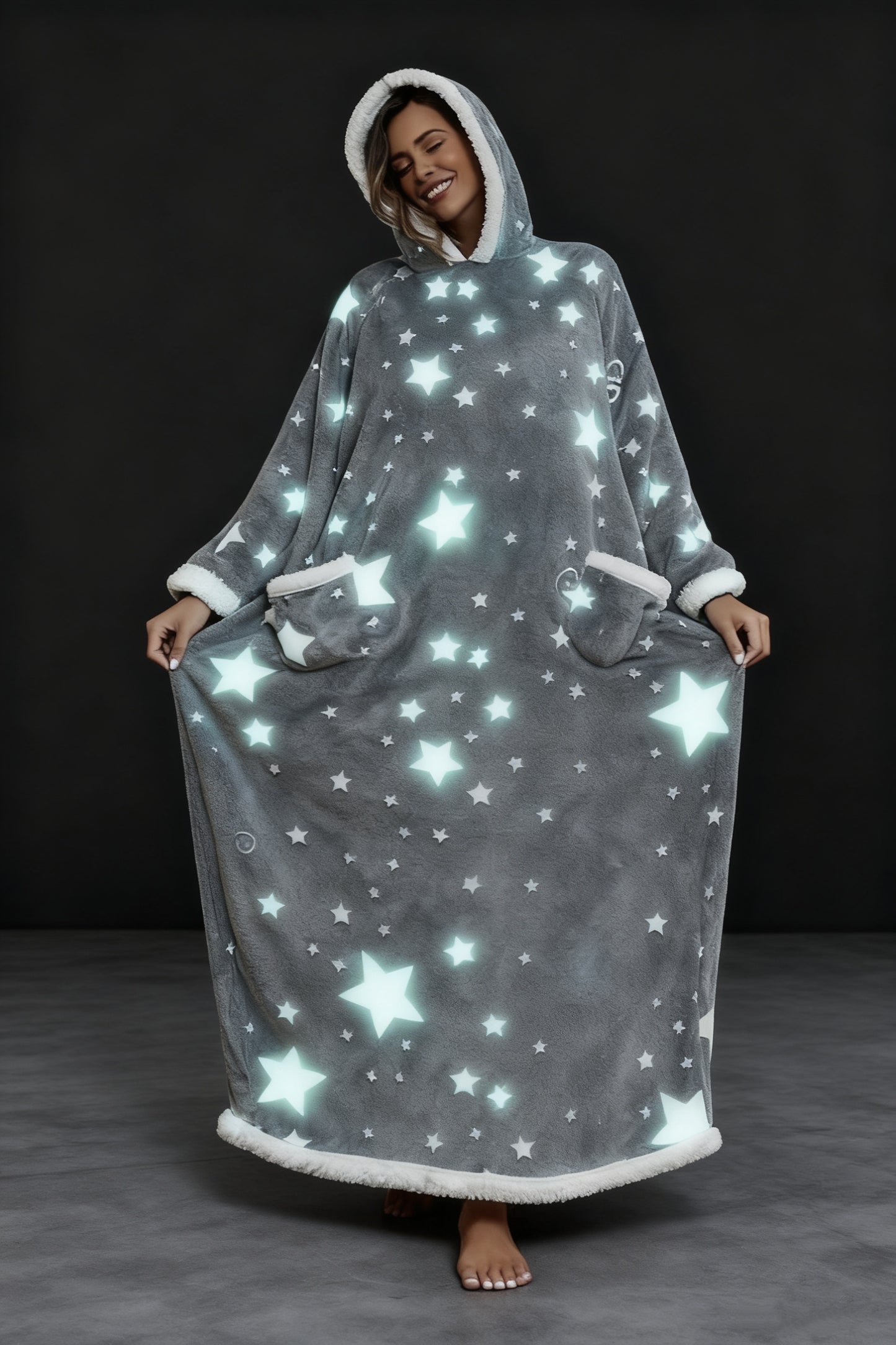 Oversized Wearable Hooded Blanket With Print Glow In The Dark Long Size Sherpa Warm Sweatshirt For Women