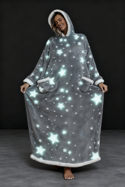 Oversized Wearable Hooded Blanket With Print Glow In The Dark Long Size Sherpa Warm Sweatshirt For Women