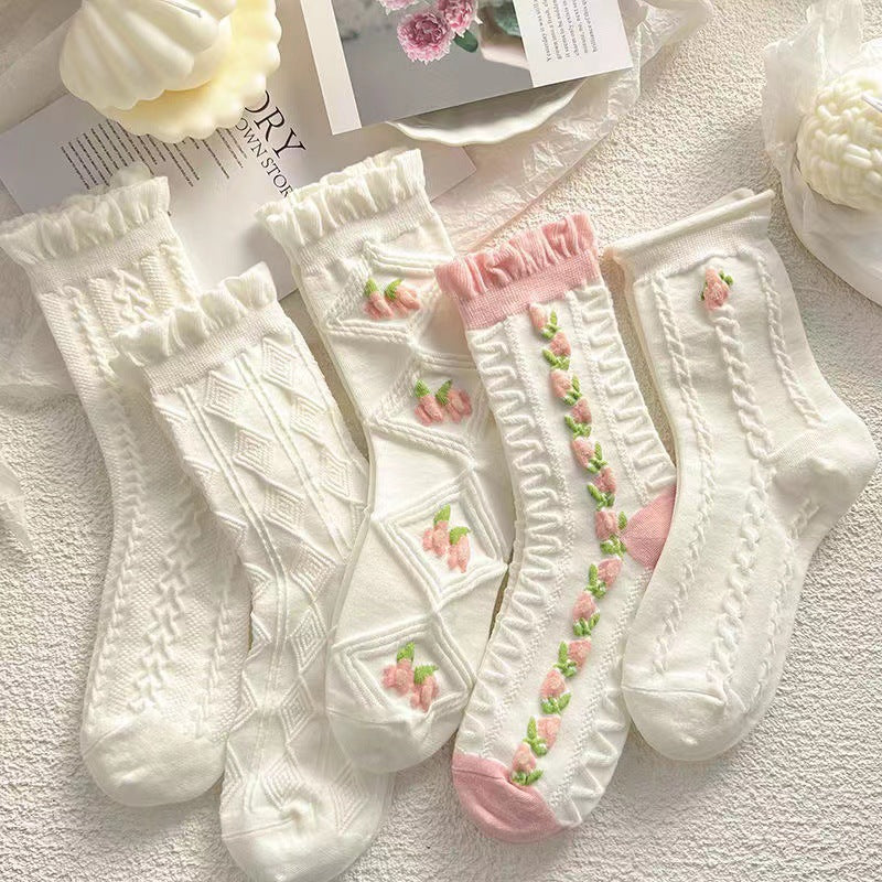 5 Pairs Kawaii Japanese Fashion Socks, Cute Flower Geometric 3D Textured Socks, Women's Stockings & Hosiery