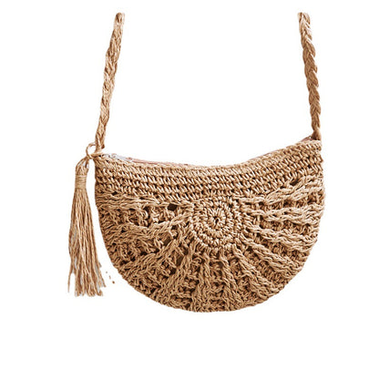 Women's Fashion Casual Handmade Straw Woven Shoulder Tassel Beach Bag