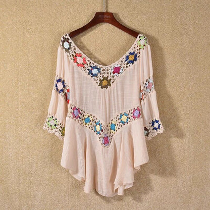 Amazon AliExpress Hot Selling Product Boho Hollow Out Hand Crocheting Flower Bikini Loose Beach Cover-up
