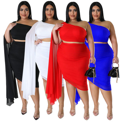 New Fashion Women's High-elastic Off-shoulder Long-train Sleeve Pleated Two-piece Set