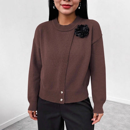 Women's Premium Elegant Solid Color Buttons Black Flower Knitted Pullover