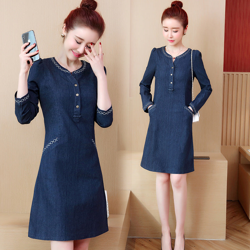 Thin Early Spring Mid-length Long-sleeved Denim Dress