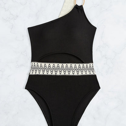 One Shoulder Cut Out Bathing Suit, Ring-Linked Asymmetrical Neck High Cut Bathing Suit, Women's Swimwear & Clothing