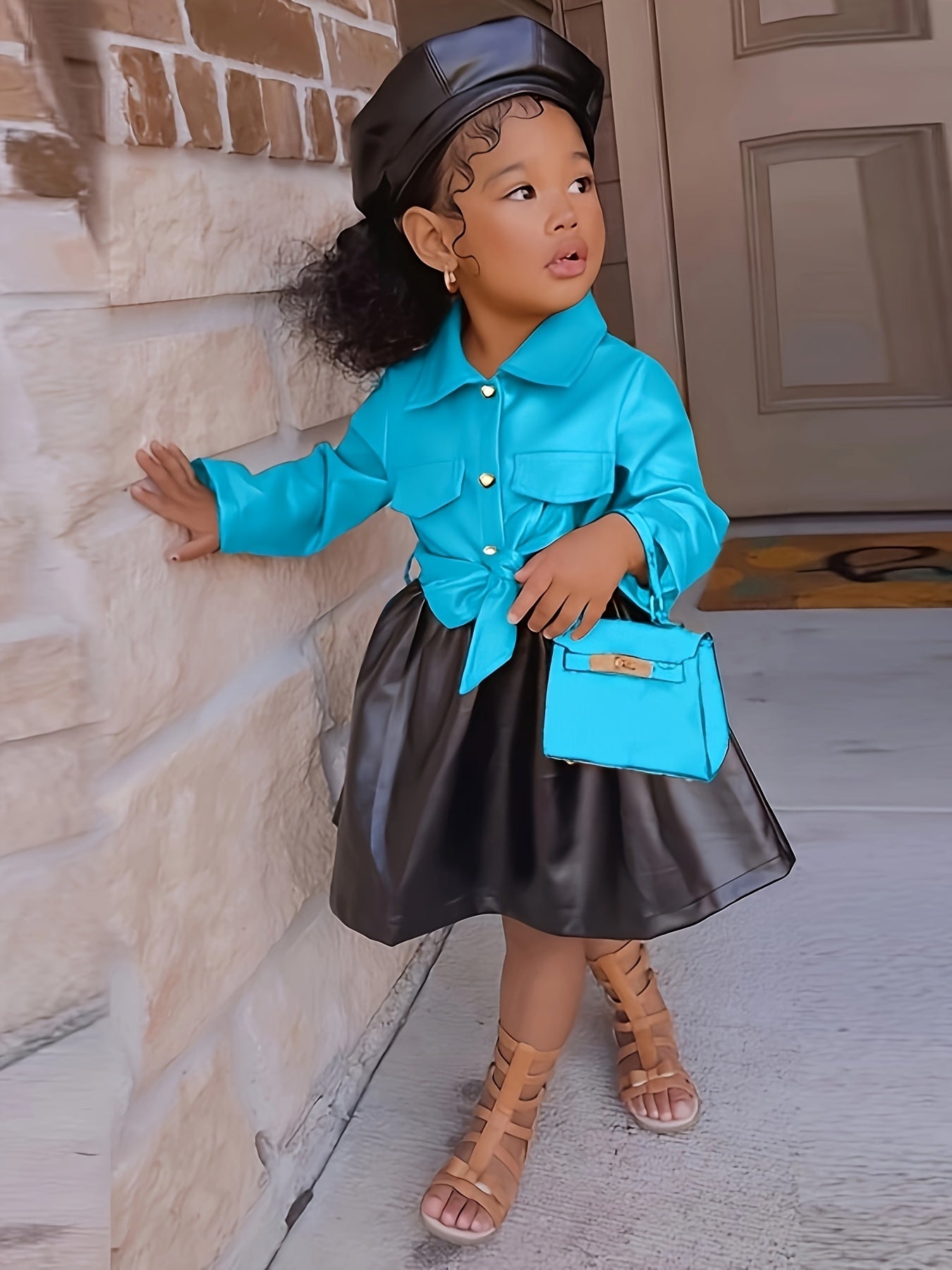 Vibrant Color Block PU Leather Dress for Girls - Stylish Button Lapel Design, Adjustable Belt, and Comfortable Fit for Kids' Everyday Wear