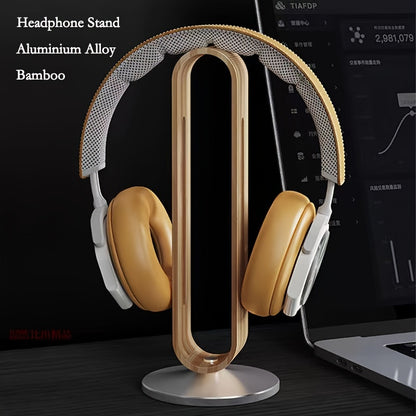 Wooden Headphone Stand with Metal Base, Desktop Headphone Holder, Bamboo Decorative Organizer, Natural Wood Display Rack