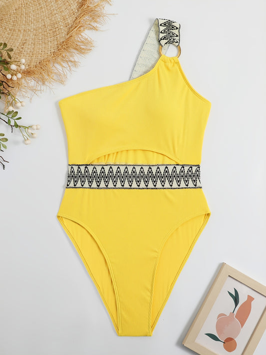 One Shoulder Cut Out Bathing Suit, Ring-Linked Asymmetrical Neck High Cut Bathing Suit, Women's Swimwear & Clothing