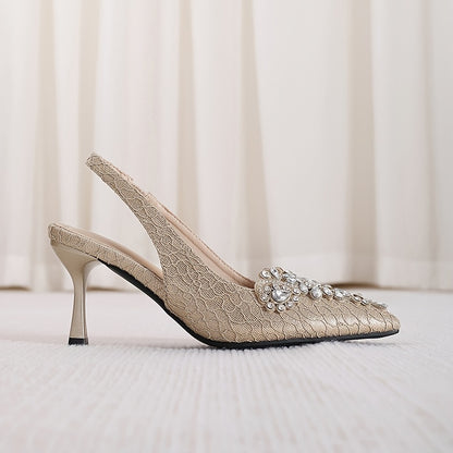 Rhinestone Stiletto Heels - Glamorous Pointed Toe Pumps with Ankle Straps