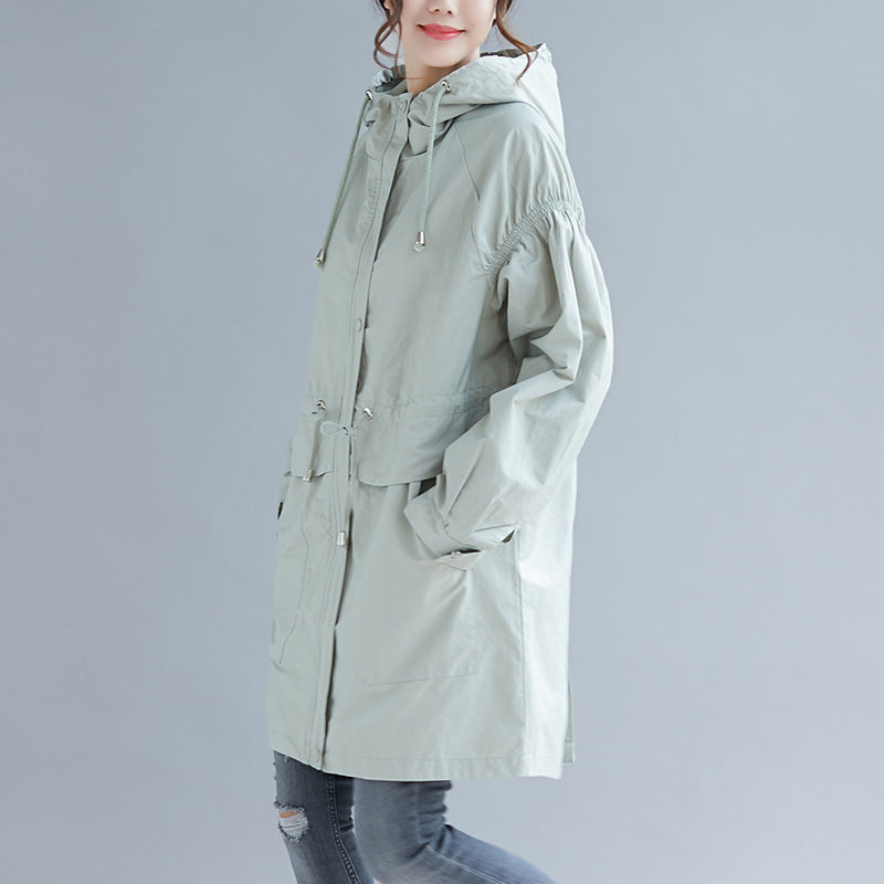 Large size autumn 200 kg Korean loose mid-length hooded trench coat