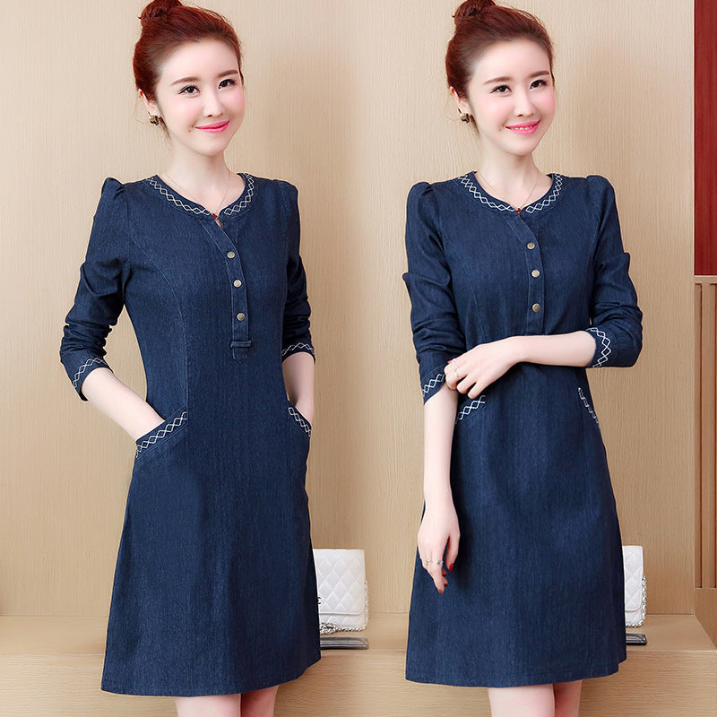 Thin Early Spring Mid-length Long-sleeved Denim Dress