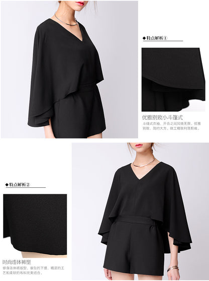2020 Summer new European and American black simple V-neck batwing sleeve jumpsuit jumpsuit shorts suit chic pet black