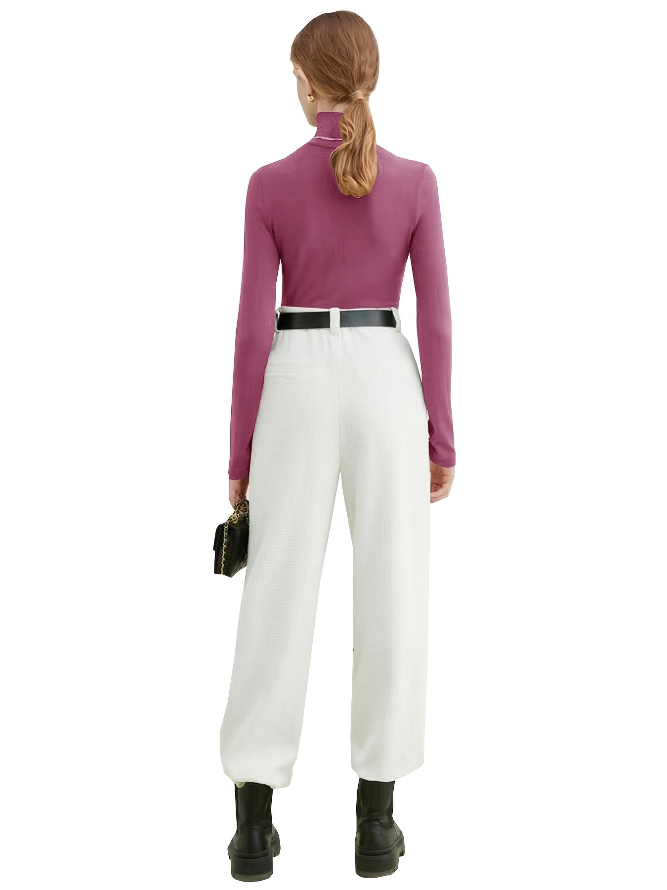 Women's Basic Solid Stretchy Long Sleeve Turtle Neck T-Shirt - Casual Everyday Top for Comfort and Style