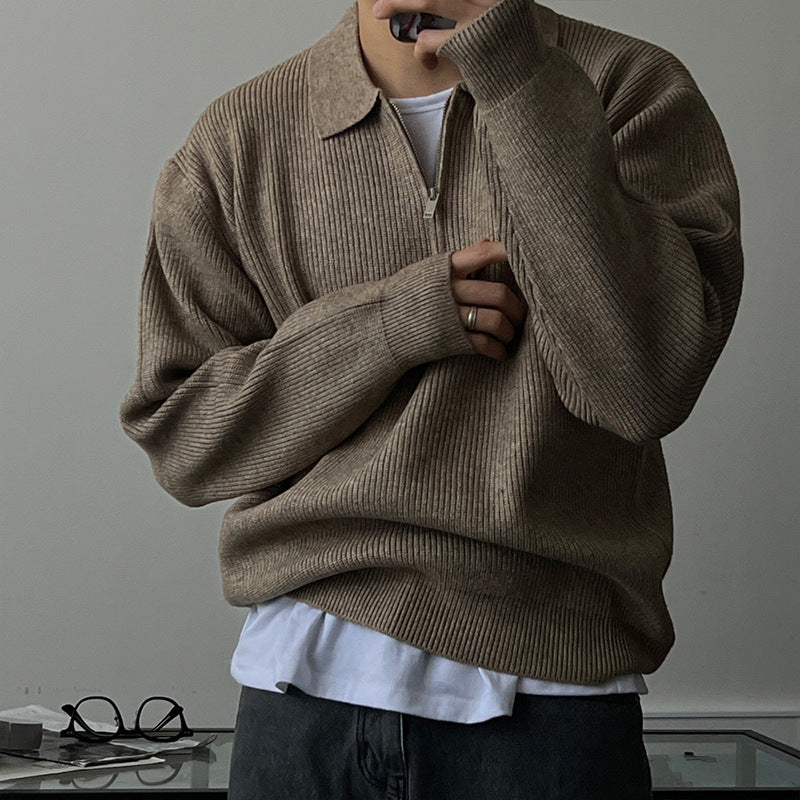 Gray Long-sleeved Knitted POLO Shirt For Men In Autumn