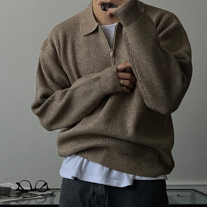 Gray Long-sleeved Knitted POLO Shirt For Men In Autumn