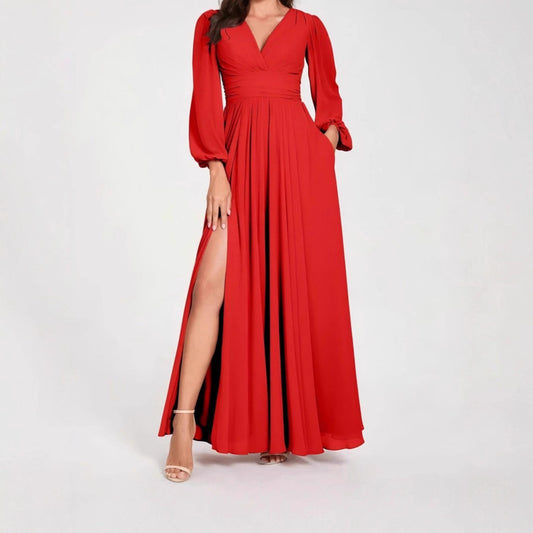 Solid Color V Neck Slit Long Sleeve Pleated Elegant Maxi Dress