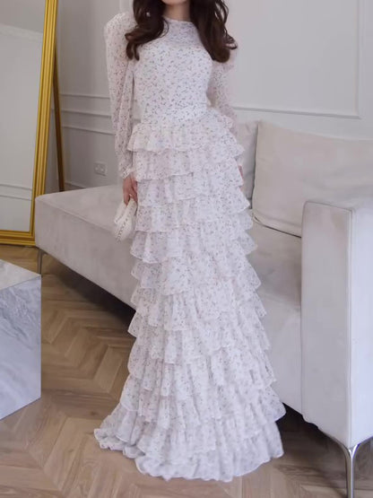 Elegant Floral Puff Sleeve Shirt & Ruffled Cake Skirt Set