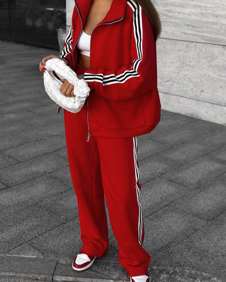 Women's Casual Hooded Jacket Loose Color-block Striped Pants Two-piece Set