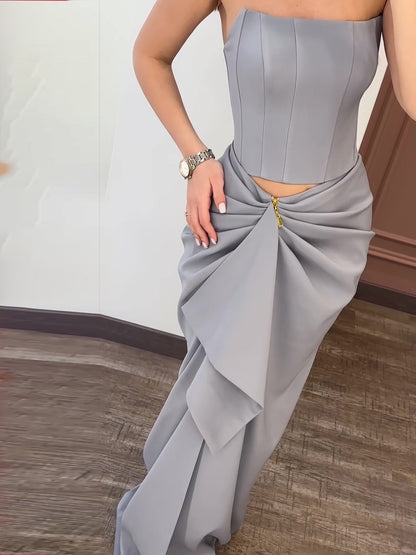Strapless Top & Pleated Long Skirt Suit