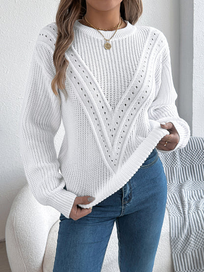 Women Casual Solid Color V-Neck Hollow Out Lantern Sleeve Pullover Sweater