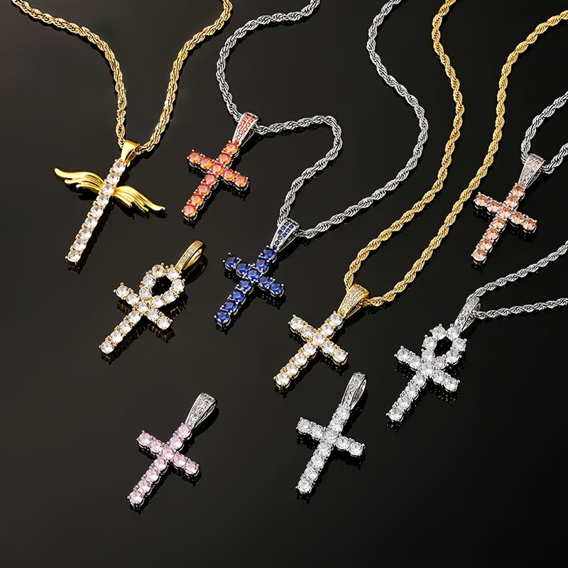 Hip-Hop-Kreuz-Anhänger aus Kupfer mit 4 mm Zirkonia, 14 Karat vergoldet