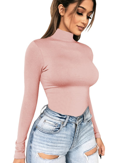 Women's Basic Solid Stretchy Long Sleeve Turtle Neck T-Shirt - Casual Everyday Top for Comfort and Style