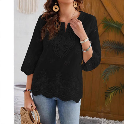 Lace-trimmed V-neck Springsummer New Arrival Three-quarter-sleeve Blouse