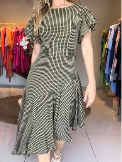 Women's Round Neck Plaid Irregular Ruffle Dress