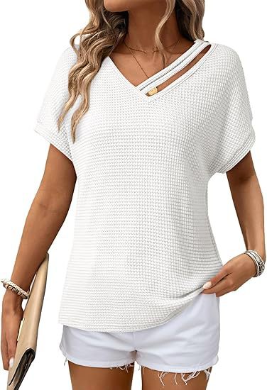 Waffle-knit Short-sleeve V-neck Women's Fashion Casual