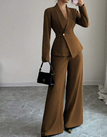 Solid-color Long-sleeve Straight-leg Pants Set For Women