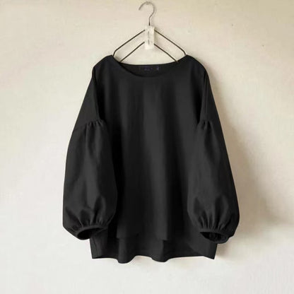 Women's Loose-fit Vintage Crew-neck Shirt With Puff Sleeves