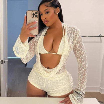 Women's Lace Hollow-out Halter Neck Camisole And Slim-fit Shorts Three-piece Set