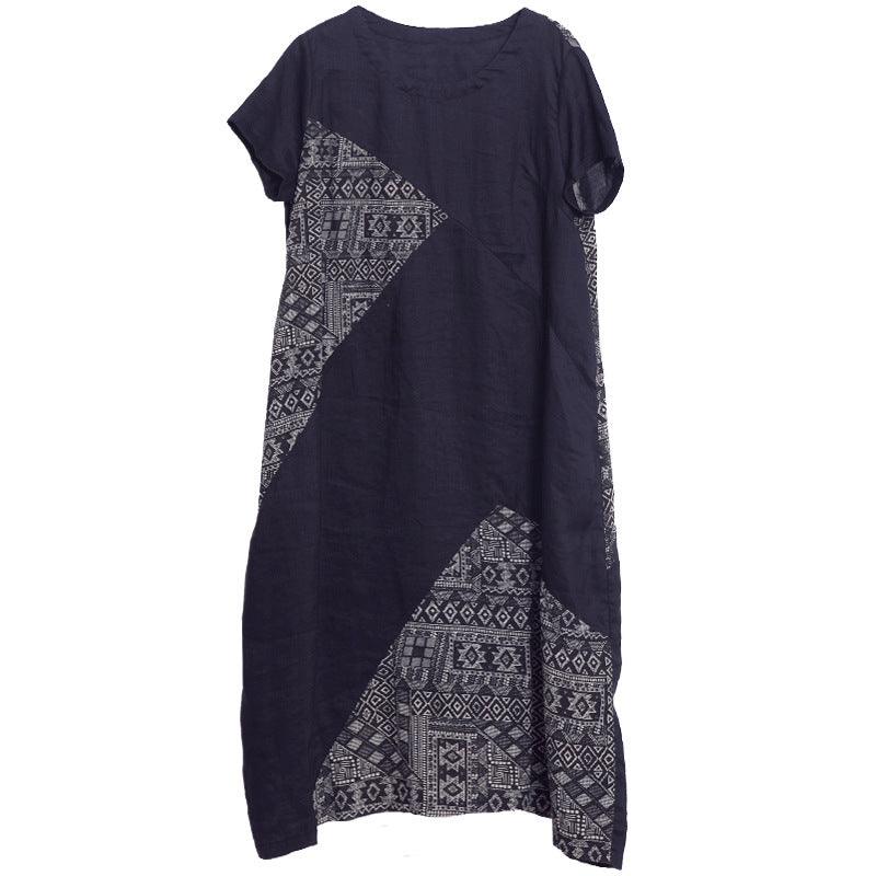 Patchwork Printed Cotton And Linen Crew-neck Short-sleeve Dress
