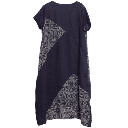 Patchwork Printed Cotton And Linen Crew-neck Short-sleeve Dress