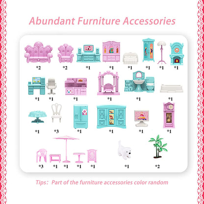 Pink Dollhouse for Girls - 11 Room DIY Pretend Play Toy House with Furniture