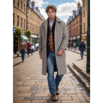 Herren-Wollmantel, mittellang, gesteppt, Hahnentrittmuster