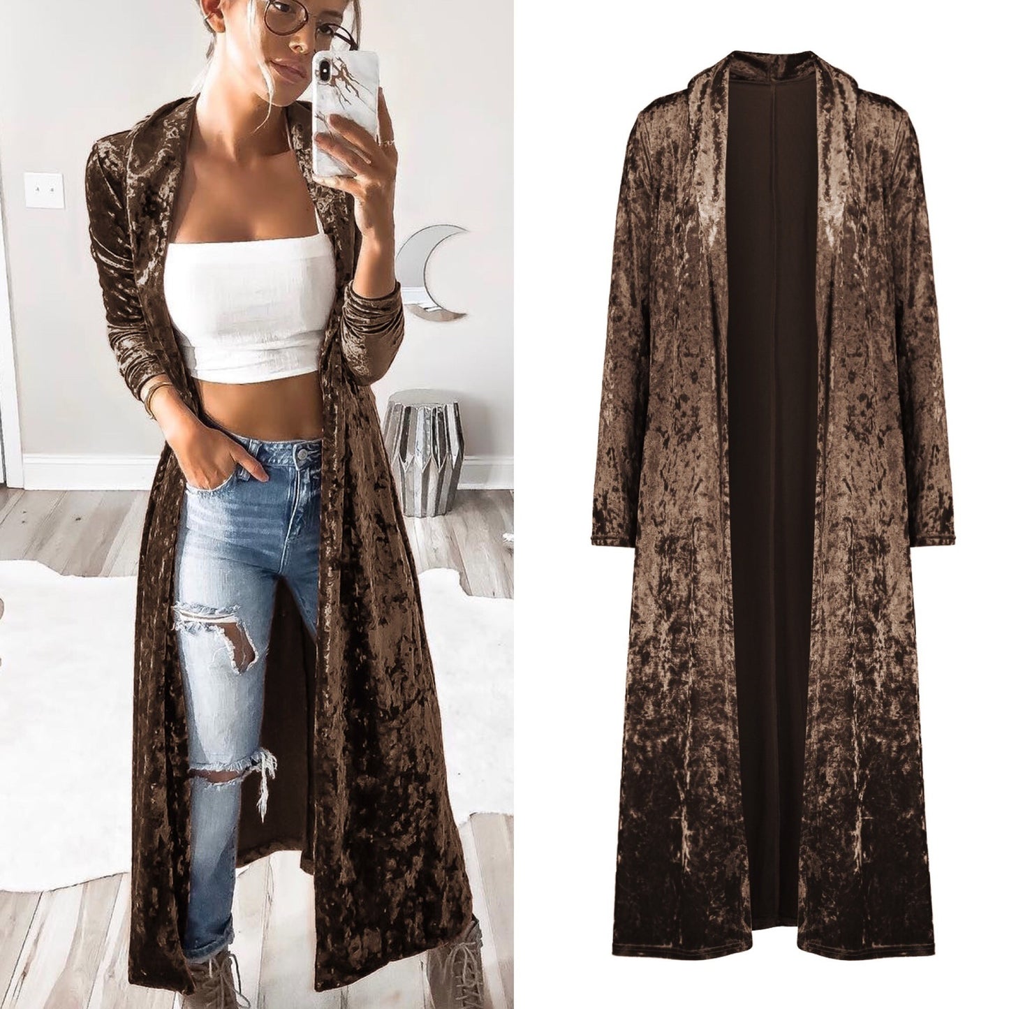 Long Sleeve Velvet Cardigan Windbreaker Long Coat Lady