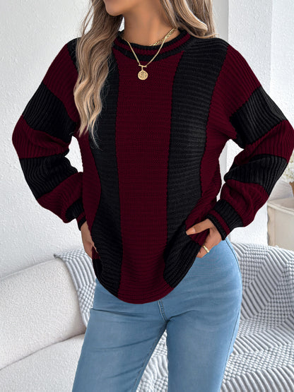 Women Casual Color Block Stripe Lantern Sleeve Pullover Sweater