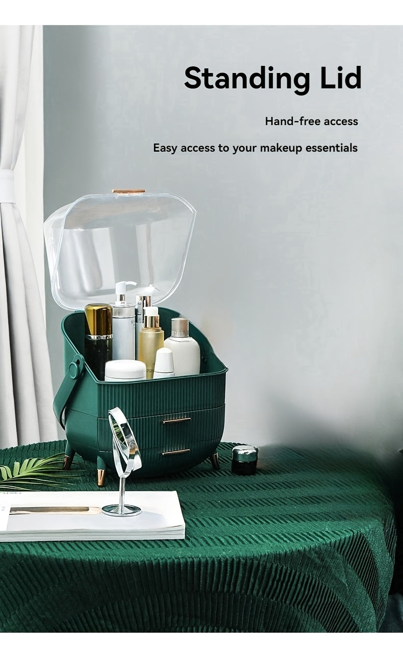 1pc Plastic Cosmetic Storage Box, Lightweight, Tension Mount, Multi-functional with Cover & Drawer, Waterproof & Dust-proof, for Bathroom & Desktop Makeup Organizer