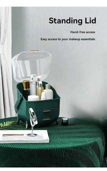 1pc Plastic Cosmetic Storage Box, Lightweight, Tension Mount, Multi-functional with Cover & Drawer, Waterproof & Dust-proof, for Bathroom & Desktop Makeup Organizer