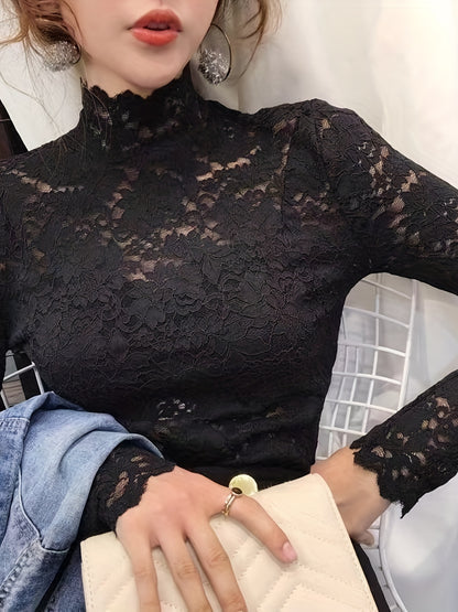 Slim Sexy Long Sleeve Lace Mock Neck Top - Women's Spring & Fall Clothing