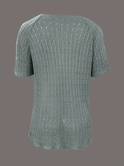 Women's Solid-color Crew-neck Hollow-out Mesh Knit Short-sleeve
