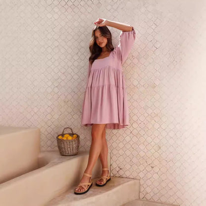 Pullover Square Collar Puff Sleeve Solid Color Backless Dress Children