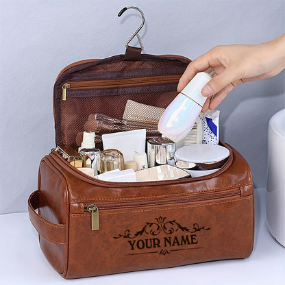 1pc Custom Engraved Men’s Toiletry Bag - Personalized Synthetic Leather Travel Organizer with Zipper Closure, Top Handle Strap & Wet Wipes Cleaning - Brown, Perfect for Birthdays, Anniversaries & Christmas Gifts, Toiletry T